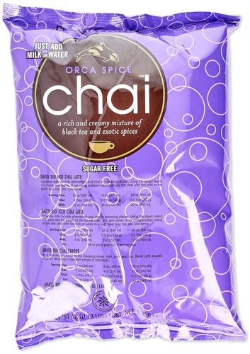 Orca Spice Reduced Calorie Chai Tea Latte Mix, 47.6 Oz, Black Tea, Organic Spices, Sugar Free, Dairy Free, Serve Hot or Cold, Just Add Water or Milk, 56 Servings, Perfect for Food Service