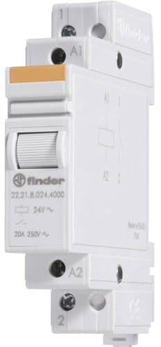 Finder Relè Monostabile Modulare 20 A. Dotato di interruttore bipolare 2 NO. Corrente nominale 20A. Tensione nominale/Max tensione commutabile 250/400 V AC. Montaggio su barra 35 mm