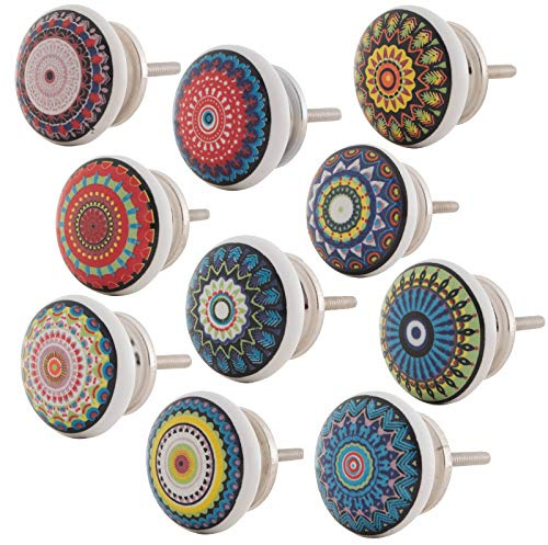Knober Set 10 Stück Möbelknöpf Keramik Mandala Energy Shabby-Chic Schrankknöpfe Türgriff (1. Buntes Set 10 Stück)