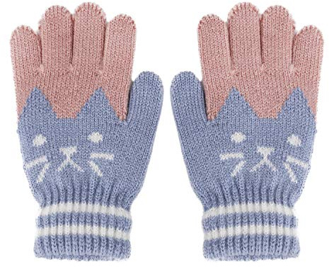 FakeFace Kids Winter Soft Warm Knitted Gloves Mittens Cat Looking Thermal Full Finger Wrist Gloves Handwear Elastic Handwarmer Snowboard Skiing Winter Outdoor Costume Children 3-7 Years Old Blue