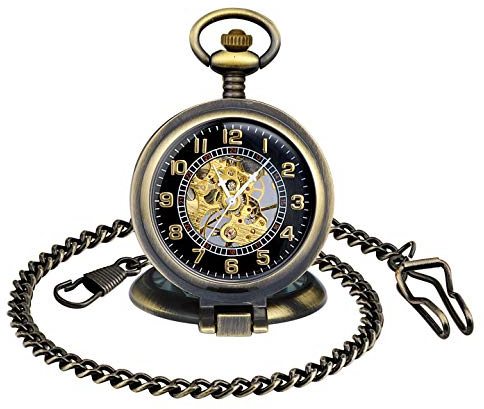 MICGIGI - Orologio da tasca unisex con catena, analogico a carica manuale, numeri retrò, lente d'ingrandimento meccanico