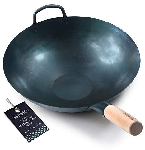 Mammafong Pre Seasoned Blue Carbon Steel Flat Bottom Wok -14 Inch Chinese Pow Wok - Traditionally Hand Hammered Woks and Stir Fry Pans