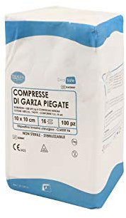 DEALFA Compresse di Garza Piegate - 10x10 cm - 16 Strati - 100% Puro Cotone - per Medicazione, Cura e Pulizia Ferite - Morbide e Traspiranti - Monouso - Confezione da 100 Pezzi