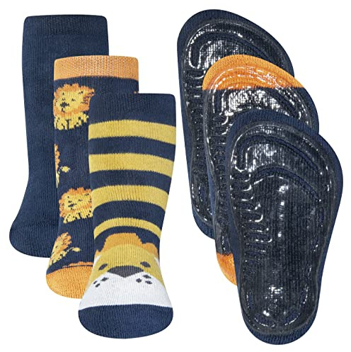 EWERS 3er-Pack Löwe Stoppersocken SoftStep, Socken mit Antirutschsohle für Jungen, Anti-Rutsch-Socken mit Gummisohle, MADE IN GERMANY, 3 Paar rutschfeste Kindersocken für Jungs