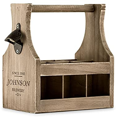 Weddingstar Custom Personalized Wooden Beer Bottle Caddy Holder with Metal Bottle Opener - Brewery Co. Etching