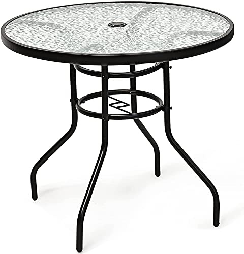 GYMAX Tavolino da Giardino in Metallo e Vetro Temperato, Tavolino da Esterno Elegante con Foro per Ombrellone, Ideale per Terrazzo, Cortile e Bar (80 x 72 cm)