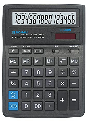 DONAU TECH Tischrechner / 16-Stellig Wurzelfunktion/ 19,9 x 15,3 x 3,1 cm/Schwarz/Rechner mit 16-stelliger Anzeige/Dual-Power Solar - Batteriebetrieb/Kompaktes Design