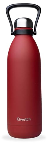 Qwetch - Grande Bouteille Isotherme - Rouge Piment 1,5L - 48h Froid et 16h Chaud - Etanche & Sans BPA - Gourde Inox avec Poignée de Portage - Thermos isotherme pour Pique-nique, Camping, Famille