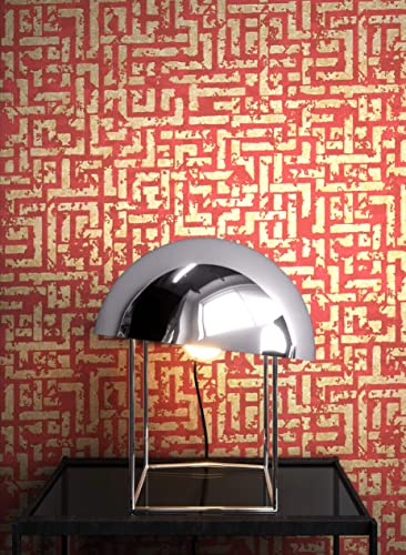 NEWROOM Papier peint Rouge Légèrement Brillant Intissé - Grafique Or Labyrinthe Échantillon Glamour