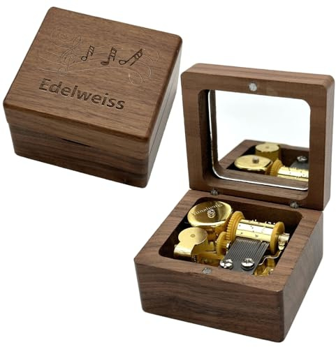 Pursuestar Luxury Walnut Wood Music Box -Edelweiss, Vintage Wooden Carved Mechanism Wind Up Musical Box with Mirror for Valentine's Day Mother's Day Birthday Christmas