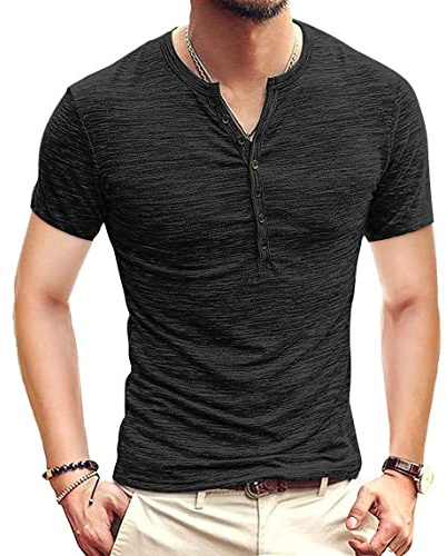 KUYIGO Hommes Slim Fit Manches Courtes Costaud Mode Casual Henley T-Shirts Coton Chemises M Noir Pur