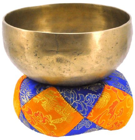 Coussin de bol chantant tibétain en satin (bleu et jaune)