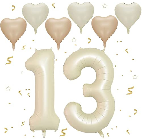 Beige Luftballon 13, Folienballon Zahl 13 Creme Weiß, 40 Zoll Helium Ballon 31, Geburtstagsdeko Folienballon Zahlen 1 & 3, Luftballon 13.Geburtstag Dekor-Set für Geburtstag Party Deko