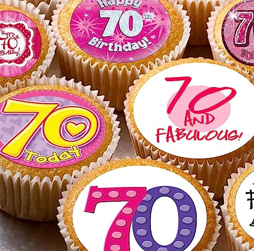 24 edible 70th birthday party pink Cupcake Cake Toppers Wafer Rice Paper precut decoration