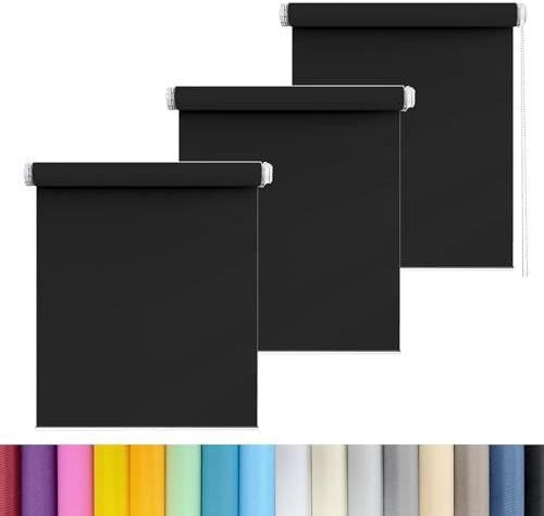 Verdunklungsrollo ohne Bohren Klemmfix 95 x 170 cm Blickdicht und Sonnenschutz Deckenmontag Seitenzugrollo mit Kette, für Wohnzimmer, Schlafzimmer, Schwarz