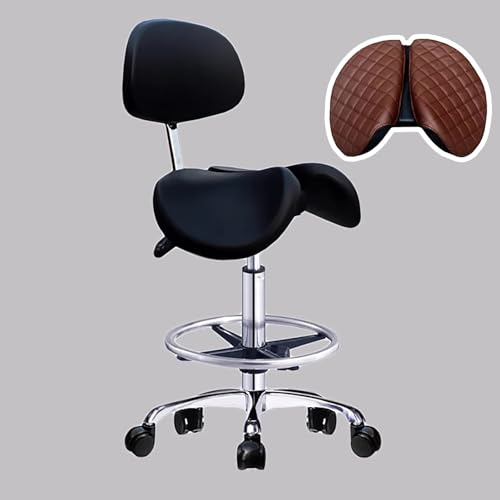 TUJOBA Sattelhocker PU Leder Ergonomischer Haltungsstuhl, Schwarz Stehanbieter Stuhl mit Rückenlehne und Kissenpad, Rollstuhl für Massage/Zahnarztklinik (Size : 48-63cm (18.9-24.8in))