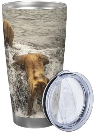 ZaKhs Isolierbecher mit Bärenfang-Fisch, Fluss-Druck, 590 ml, mit Deckel und Strohhalm, Kaffeebecher, Edelstahl, Reisebecher für Damen und Herren