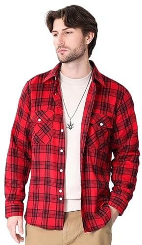 Iris Sprite Camisa de franela a cuadros para hombre, informal, manga larga, camisa de leñador, negro rojo, S