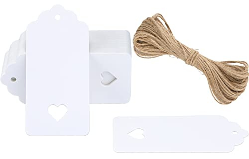 G2PLUS White Gift Tag with Heart: 50PCS Blank Paper Tags with String, 4.5cm x 9.5cm Large Gift Labels for Wedding Favors, Presents, 300g/m²