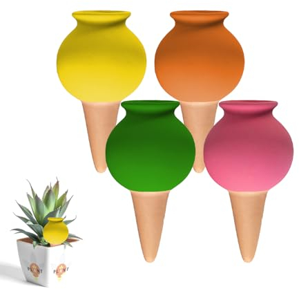 RoseFlower 4 Pack Terracotta Self Watering Spikes Plant Watering Globes, Decorative Self Plant Watering Stakes Insert Terracotta Plant Automatic Watering Devices for Indoor and Outdoor Plants#065