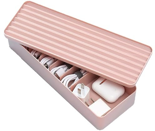 Uotyle Double Layer Cable Storage Box, 7 Grids Cable Tidy Box Plastic Wire Management with Lid, Office, Home, Accessories Storage (Pink)