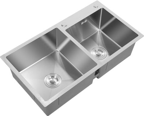 Fregadero doble 201 de acero inoxidable, empotrable, 78 x 43 x 21 cm, rectangular con escurridor, filtro de residuos, dispositivo de drenaje de cocina, fregadero de cocina con 2 cuencas