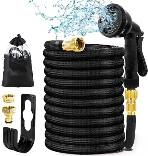 LINGKY Tubo Acqua Giardino 23 Metri Tubo Estensibile da Giardino con 8 Funzioni Pistola, Gomma Canna Acqua Giardino, Flessibile Pompa Allungabile Raccordo in Ottone da 1/2 e 3/4 Attacco