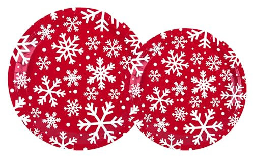 Elyxio 48Pcs Snowflake Paper Plates Christmas Party Plate Winter Xmas Red and White Snowflake 9 7 Dinner Dessert Plates for Holiday Christmas Party Supplies Dinnerware Table Decoration