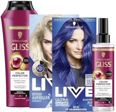 Schwarzkopf LIVE Ultra Brights Semi-Permanent STARTER-SET mit Farbe 095 Electric Blue (142ml) & Aufheller Max Blonde 00B (142ml) Blondierung & GLISS Shampoo & Express-Repair-Spülung Colour Perfector