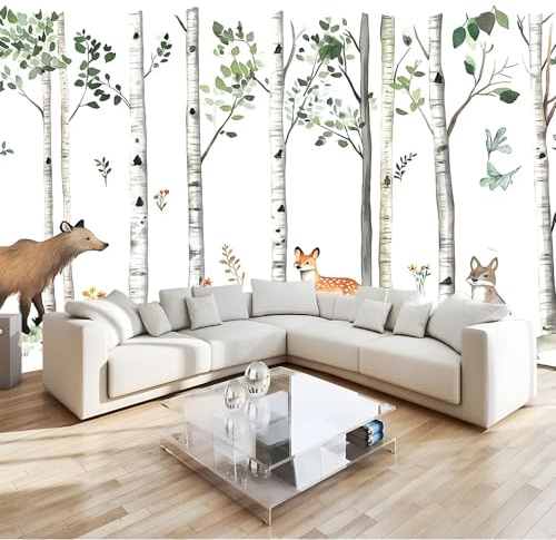 Tapete Fototapete 3D Effekt Aquarellmalerei Wald Tiere Birken Wandbild Wanddeko für Wohnzimmer Schlafzimmer, Vlies Tapeten mit Geruchsfreiheit Wandposter Wandkunst, 350 x 256 cm