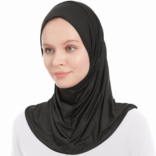 Hijab Jersey Mujer Negra, Bufanda de Hiyab de Jersey, Pañuelo Musulmán Moderno, Bufandas de Hiyabs Elásticos Mujeres, Una Pieza Instantánea Islámico Estilizado y Cómodo, Velo Islámico (Negro)