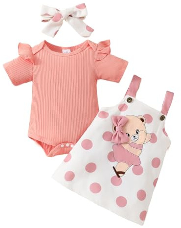 HEOXIN Conjunto de Ropa de Bebé, Kit Bebe Recién Nacido Niña Ruffle Borde Mangas Cortas Snap Botón Entrepierna Body, Oso Rosa Lunares Tirantes Falda Lazo Diadema Conjunto Bebé, 0-3 Meses
