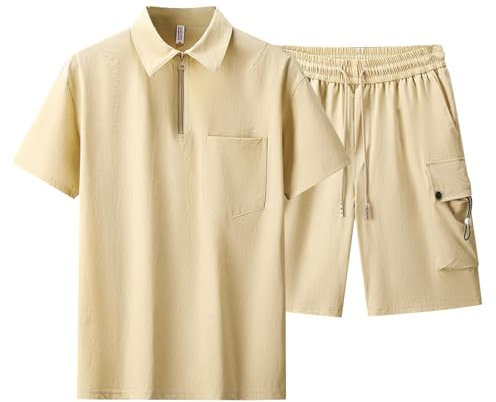 Bauzuoyo Tuta estiva da uomo, 2 pezzi, per sport, a maniche corte, con tasche, per il tempo libero, da lavoro, con chiusura lampo, set da due pezzi, cachi, 6XL