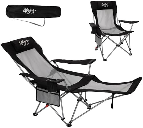 #WEJOY Chaise de camping 2 en 1 pliable 180 kg avec repose-pieds - Chaise de plage avec dossier réglable en 4 positions - Chaise longue avec porte-gobelet - Chaise de camping pour camping et extérieur