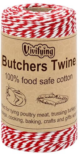 Vivifying Red and White Butchers Twine, 100m 2mm Food Safe Cotton Cooking Twine, Ideal for Trussing Turkey, Roasting, Baking, Bacon, Pumpkin Bread, Festive Holiday Kitchen Use & Gift Wrapping