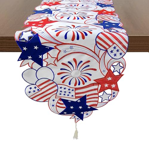 LeLehome 14 X 72 Embroiderd July 4th Holiday Patriotic Table Runner for American Independence Day, Memorial Day Cutwork Stars Hearts Fireworks Dresser Scarf