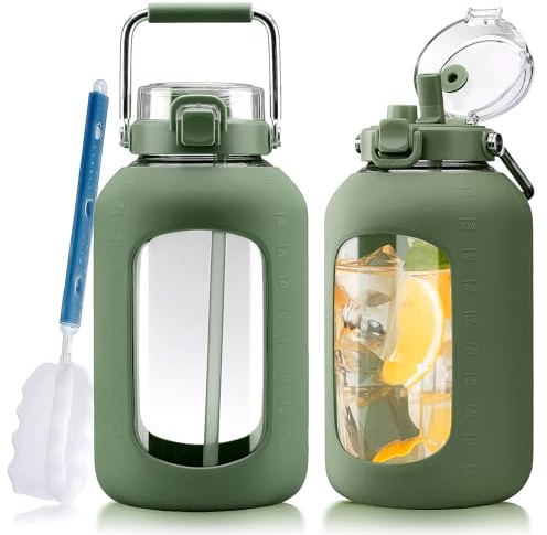 WINSA Large Glass Water Bottles with Stainless Steel Handle,100 oz Gallon Drinking Bottle with 2-in-1 Straw Lid,3 Liter Glass Water Jug with Silicone Sleeve,Wide Mouth,Olive
