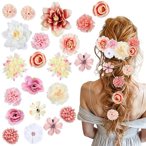 Tyqour 21 st blomma hårklämma blomma hårklämma för semester vid havet, flerfärgad blommor hårklämma boho hårklämma blomma hårsmycken hårspännen med Hawaiianska rosor hårnålar för flickor kvinnor