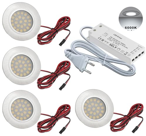 JungesLicht - 4 faretti LED da incasso per mobili – per fori da 55 – 60 mm, ultra piatti (10 mm), 2 Watt, 12 V, 200 lumen, luce bianca diurna, 6000 K, con trasformatore e cavo di collegamento, facile