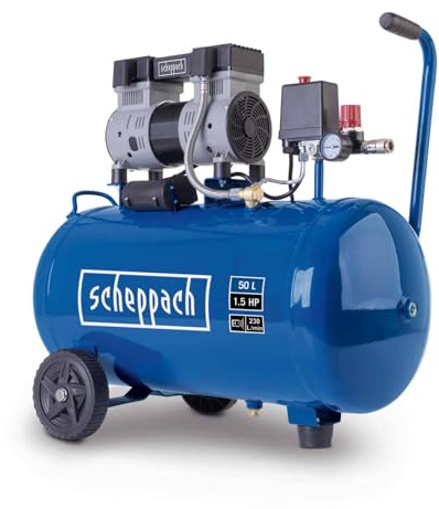 Scheppach Super Silent Doppelzylinder Kompressor HC52Si | Arbeitsdruck 8 bar | Kesselvolumen 50 L | Leistung 1100 W, 230 V~ / 50 Hz | Ansaugleistung 230 L/min | Ölfrei
