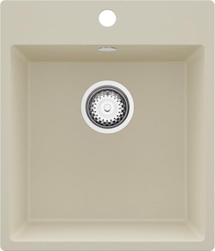 PRIMAGRAN Evier Cuisine en Granit au Meuble 45cm + Kit de Vidage, 43x50cm | Set: Kit de Vidage (Siphon, bonde d’évacuation, trop-plein) + Lavabo 1 Bac - Riga, Beige