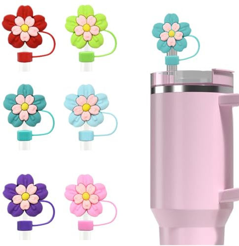 BAUCH Pajitas Reutilizables 6 Piezas Tapas de Pajita en Flores Coloridas (10mm)（Para Usar con Pajitas al Tomar Bebidas, para Todos）