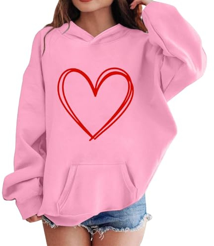 Mjjsk flickor hjärta grafiska huvtröjor ledig långärmad tröja med huva barn snygg bekväm Preppy pullover topp trendig söt huvtröja jumper, Rosa, 2-3 Years