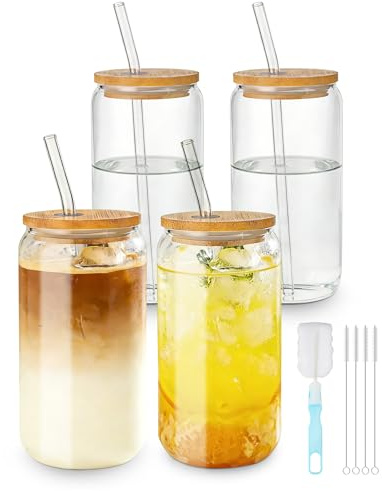 PaxCulina Set di 4 bicchieri da 500 ml con coperchio e cannuccia, bicchiere per acqua e matcha, bicchieri con coperchio, bicchieri da long drink, bicchieri da caffè gelato, bicchieri da caffè