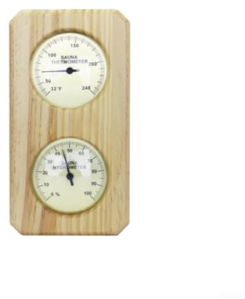 Thermo-hygromètre mécanique mural à double cadran pour sauna, serre et cave à vin — 0 °C – 120 °C ± 2 °C / 0–100 % RH ± 5 % RH – Boîtier en bois, 13,5 x 25,5 cm (Fahrenheit)