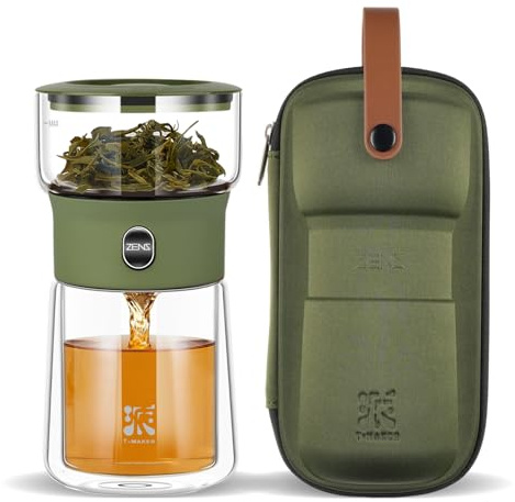 ZENS Small Glass Teapots with Infuser, Magic One Touch Loose Tea Infuser | Modern Teapot for Loose Leaf Tea, Traval Tea Infuser with 200ml Insulated Mug and Bag for Tea Lovers Gifts