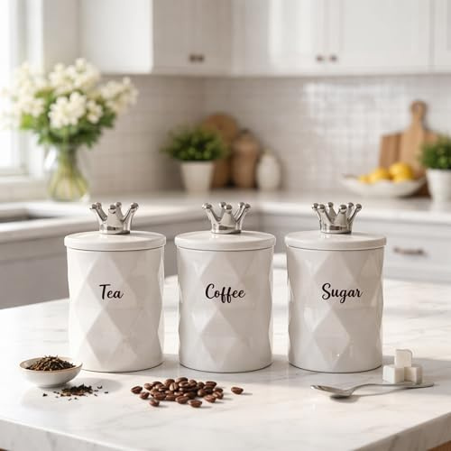 BMLIMITED BML White Ceramic Tea Coffee Sugar Canister Set of 3 Luxury Kitchen Storage Jars with Crown Lid Decorative Countertop Containers for Modern Kitchen Organisation
