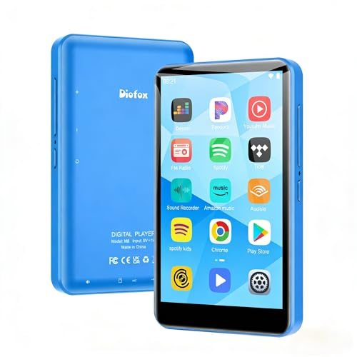 Lettore MP3 da 80GB Spotify, Lettore MP3 Android con Bluetooth e WLAN, Diofox 4,0 pollici Touchscreen, Suono HiFi, Amazon Music, Deezer, Radio FM, E-Book, Lettore MP3 MP4 Blu con Altoparlante