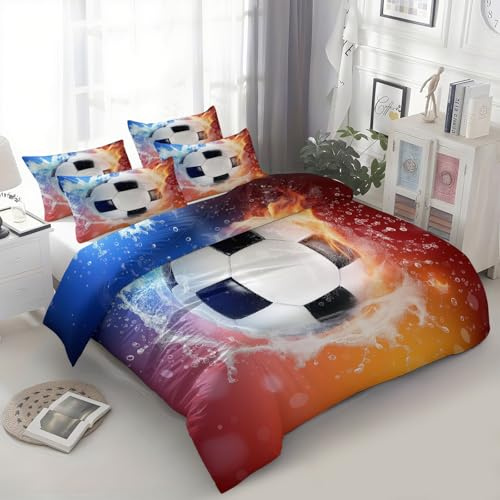 XCQHZYQ Copripiumino Matrimoniale 240x220 cm, Set Copripiumino in Microfibra, Reversibile Biancheria da Letto 3 Pezzi Tema Del Calcio Gocce D'Acqua, con Cerniera e 2 Federe, Rosso
