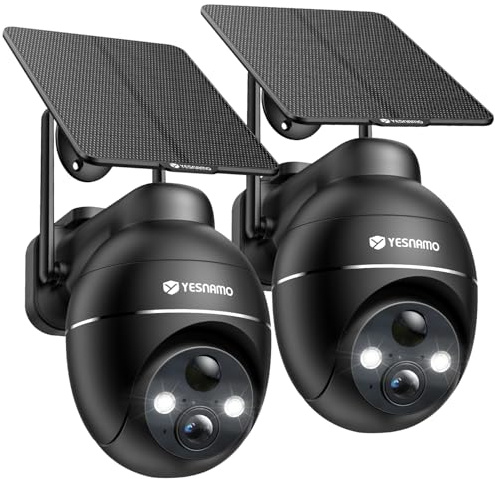 YESNAMO Camara Vigilancia WiFi Exterior Solar 2K, Pack de 2 | Camaras Vigilancia Dos Zonas, Panel Solar Batería Recargable, 360° PTZ, Visión Nocturna Color, sin Suscripción (Negro)